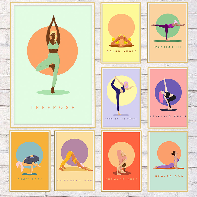 Home Gym Yoga Studio - Modern Soyut Yoga Pozları Posteri Renkli